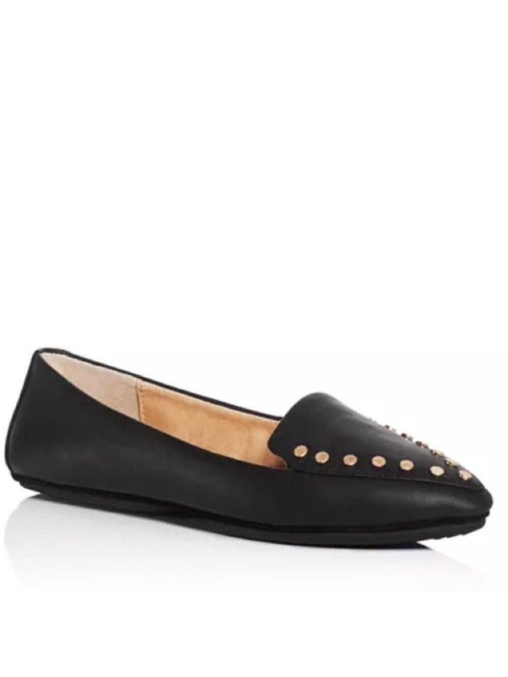 YOSI Samra Women's Vera Pointed Toe Ballet Flats Black Leather Gold Studs 8